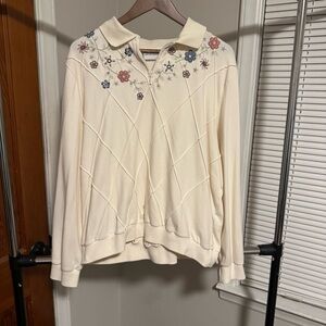Alfred Dunner Cream Knit Top with Embroidered Flowers